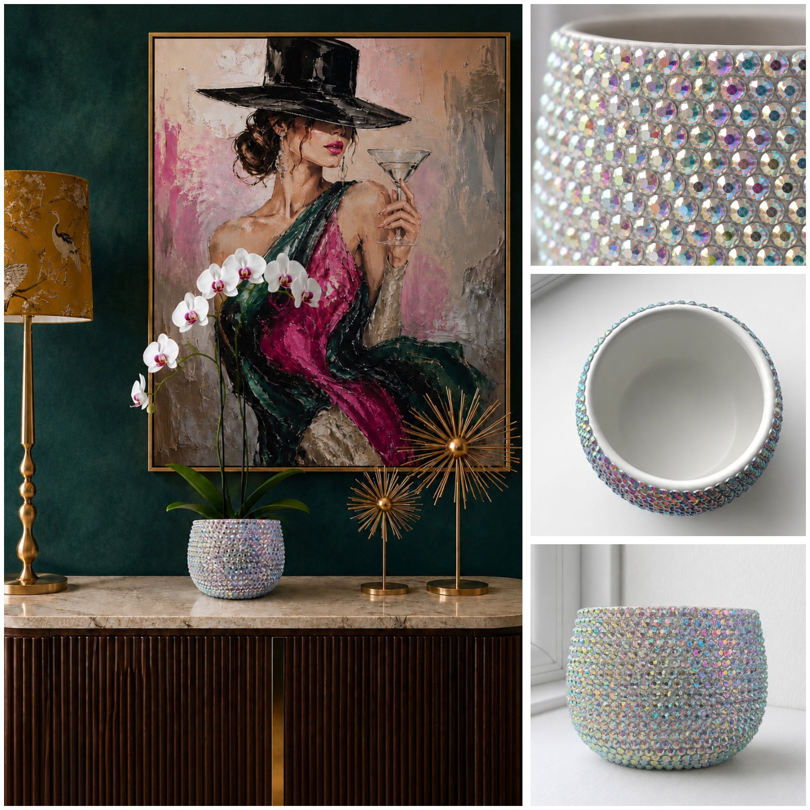 A decorative ceramic plant pot covered in iridescent crystals, shown in a styled interior scene with a dark green wall, framed painting, lamp, orchids, and gold decor. Three inset close-ups on the right show the top, bottom, and interior of the crystal-covered plant pot.
