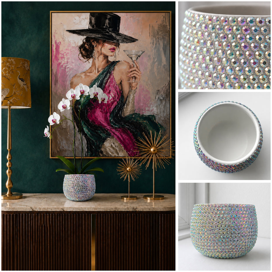 A decorative ceramic plant pot covered in iridescent crystals, shown in a styled interior scene with a dark green wall, framed painting, lamp, orchids, and gold decor. Three inset close-ups on the right show the top, bottom, and interior of the crystal-covered plant pot.