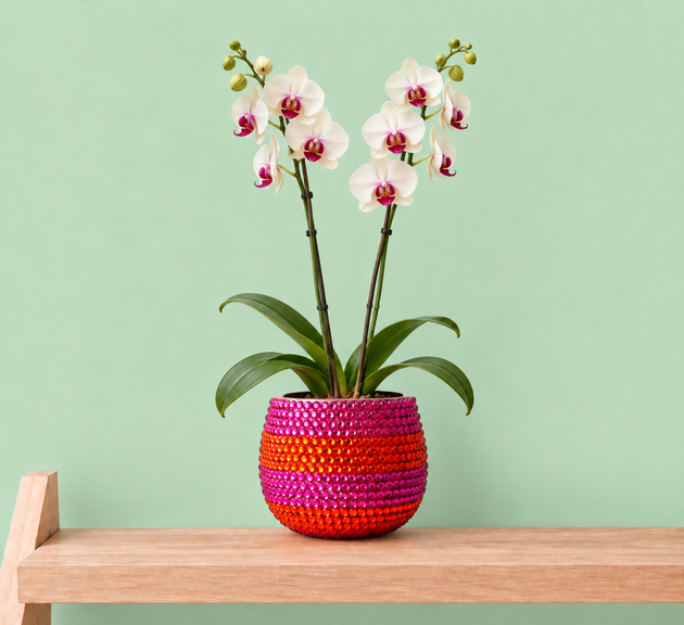 A potted artificial orchid arrangement with white flowers and green leaves sits on a light wood shelf against a pale mint green background. The flowers are in a round, textured ceramic plant pot with horizontal rows of pink, magenta and orange crystal.