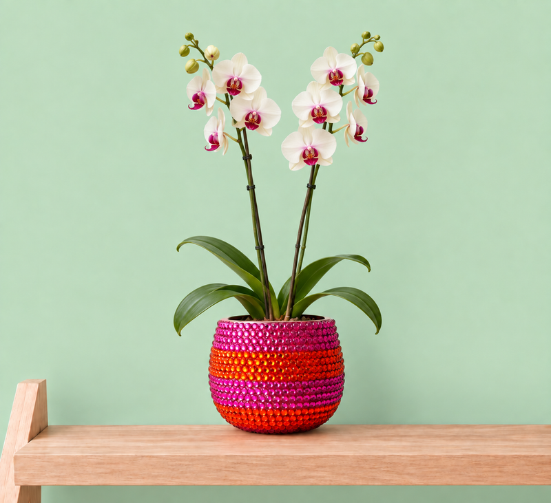 A potted artificial orchid arrangement with white flowers and green leaves sits on a light wood shelf against a pale mint green background. The flowers are in a round, textured ceramic plant pot with horizontal rows of pink, magenta and orange crystal.