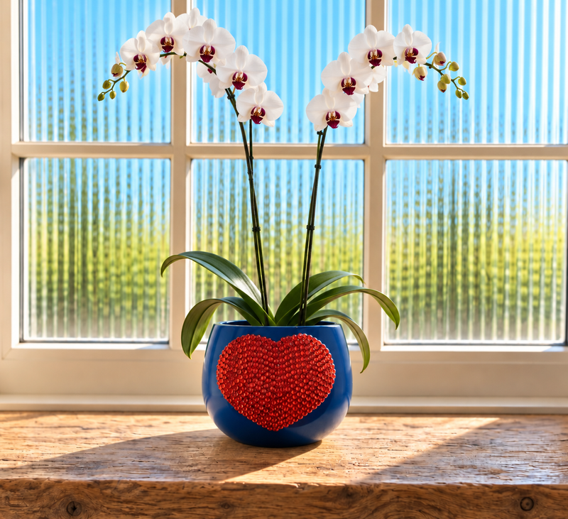 A blue ceramic pot with an orange heart design, holding a white orchid plant, set on a wooden windowsill with a bright window background.