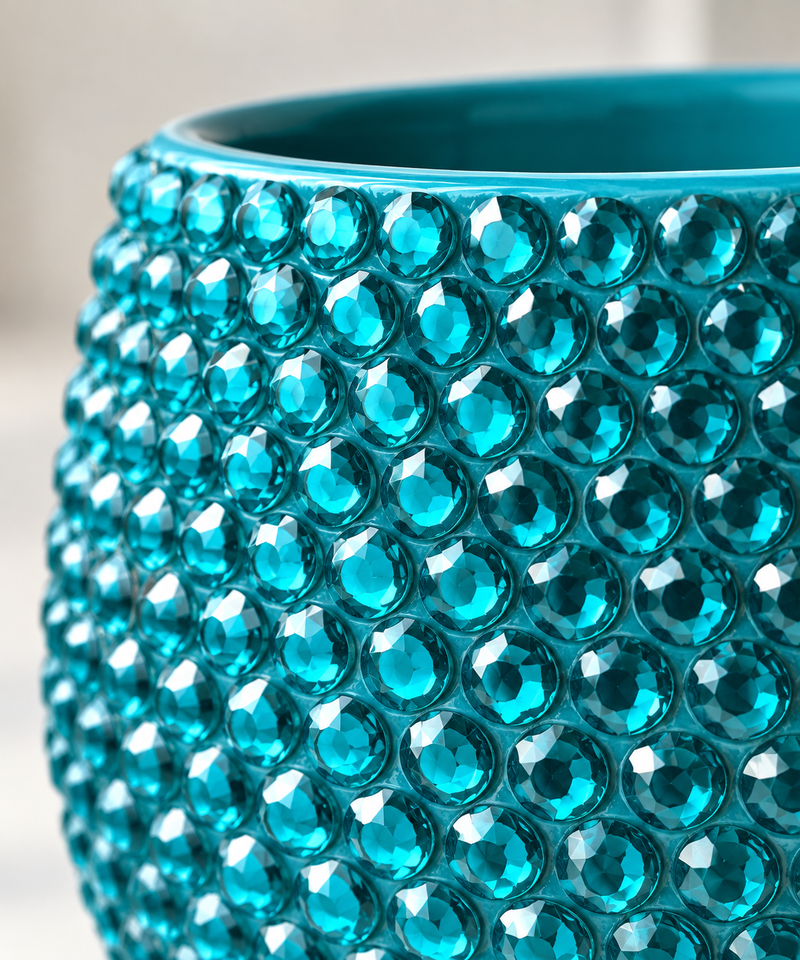 A close-up of a turquoise blue ceramic planter covered in faceted, jewel-like round crystals, with a soft blurred neutral background.