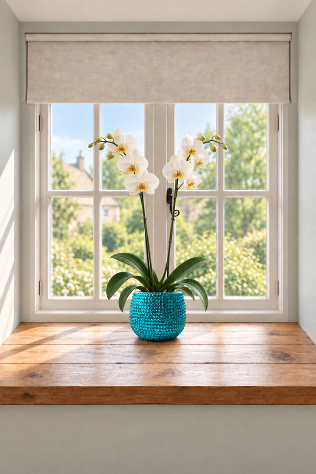 A potted white orchid plant in a textured turquoise blue ceramic plant pot sits on a wooden windowsill in a bright room. The window has a beige roller blind and a view of green trees outside.