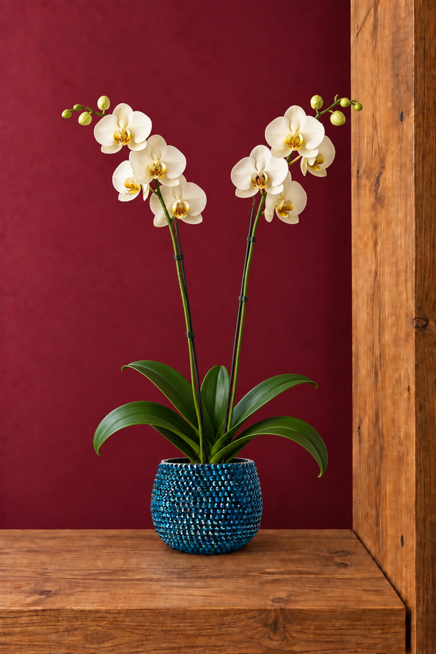 A potted white Phalaenopsis orchid with green leaves and stems, displayed in a textured navy ceramic pot decorated with sparkling navy crystals on a wooden shelf against a dark red wall.