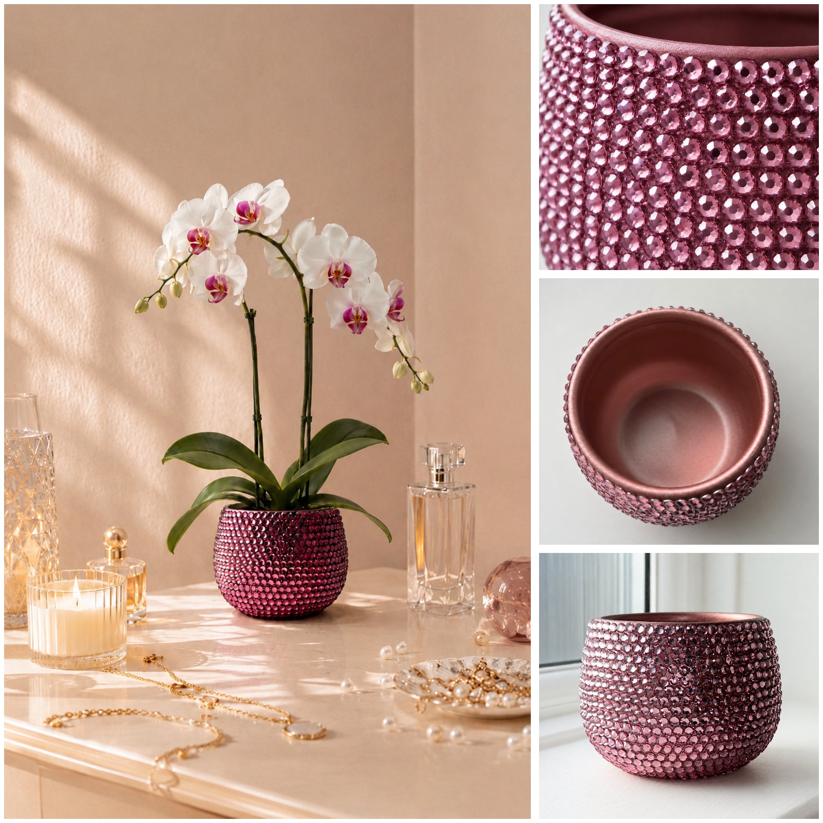 A collage showing a pink textured ceramic pot with a beaded, diamond-like pattern. The left panel shows the pot styled with a white orchid on a table with candles and perfume bottles.