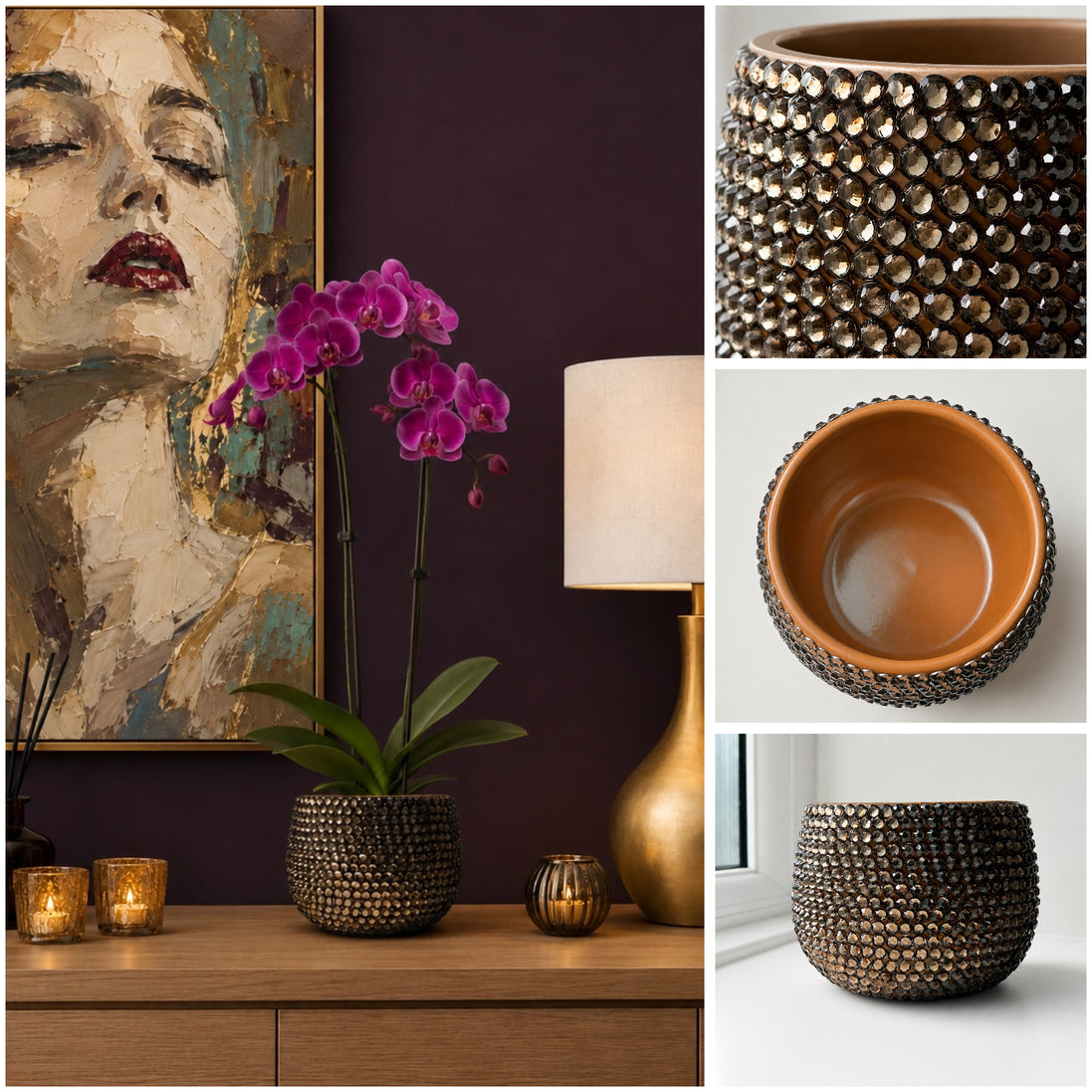 A bronze brown decorative ceramic planter with a textured, beaded metallic exterior and a warm terracotta interior, shown in a styled interior scene alongside a close-up collage of the same item from multiple angles.