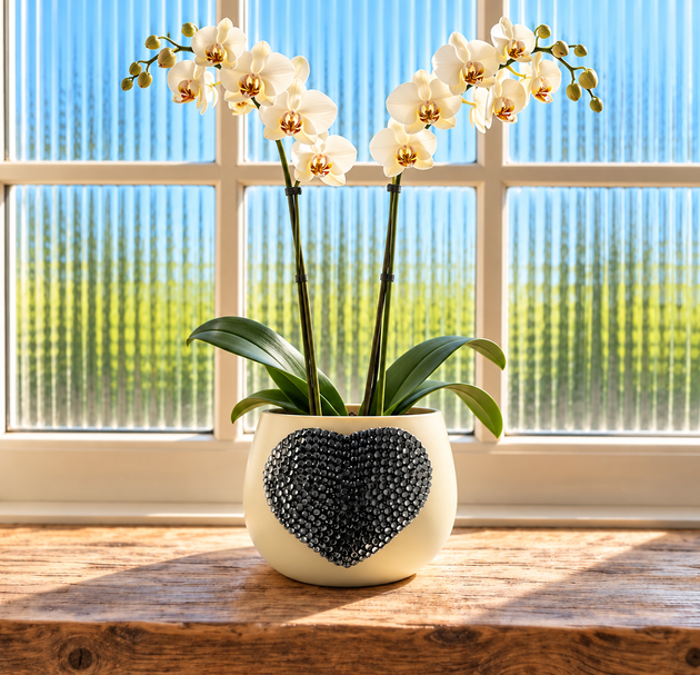 A ivory ceramic planter with a grey crystal heart design sits on a wooden windowsill, holding a potted white orchid with cream-colored flowers and green leaves, set against a window with textured glass.