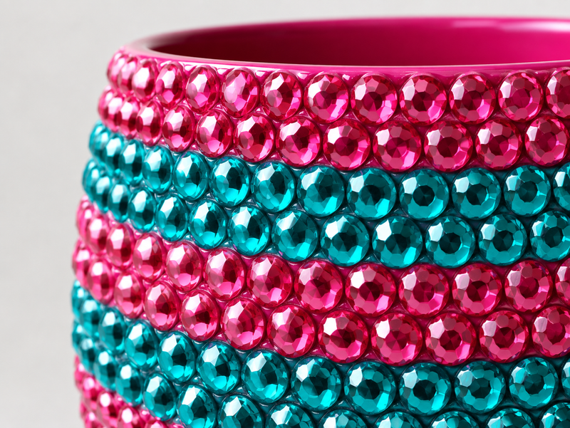 Close-up of a glossy pink ceramic plant pot covered in rows of faceted crystals in alternating pink and teal-blue stripes, against a light neutral background.