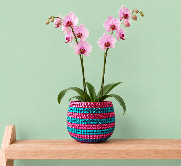 A potted pink orchid with two flowering stems and green leaves sits on a light wood shelf against a pale mint green wall. The orchid is housed in a round, ceramic plant pot covered in bright pink, teal, and blue crystals in a striped pattern.