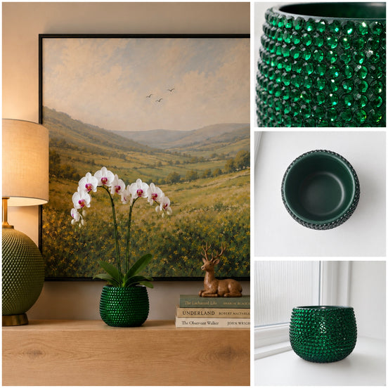 A green textured ceramic plant pot shown in a styled interior scene on a wooden table beside a lamp and framed landscape painting, with three close-up inset views on the right showing the plant pot's front texture, interior, and side profile.