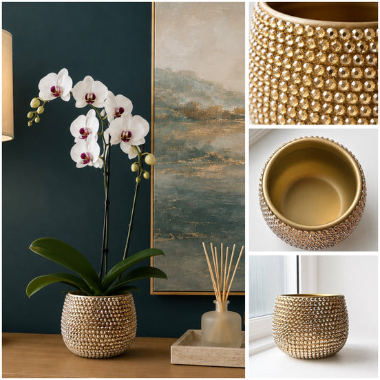 A decorative cylindrical plant pot with a textured, beaded gold exterior and a smooth gold interior, shown in a styled interior setting alongside a potted orchid, framed artwork, a reed diffuser, and a close-up detail panel.