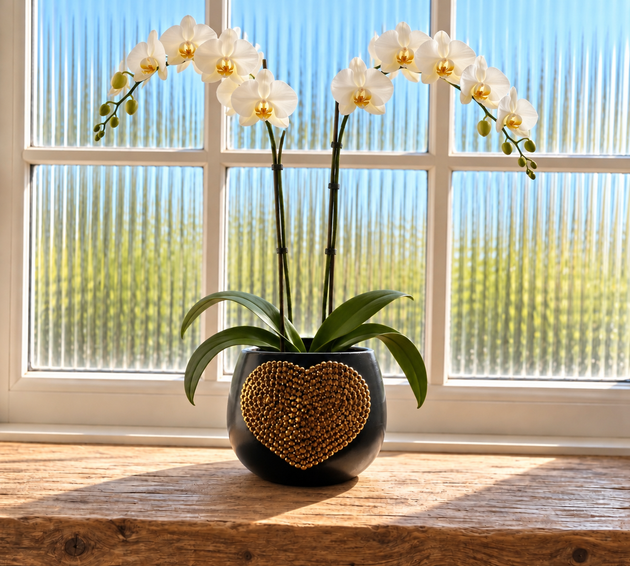 A black ceramic pot with a gold crystal heart design, holding a white orchid with green leaves, placed on a wooden windowsill with a bright window background.