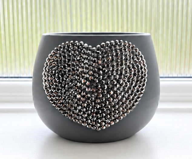 Grey Gatsby charcoal grey indoor plant pot with sparkling silver crystal heart