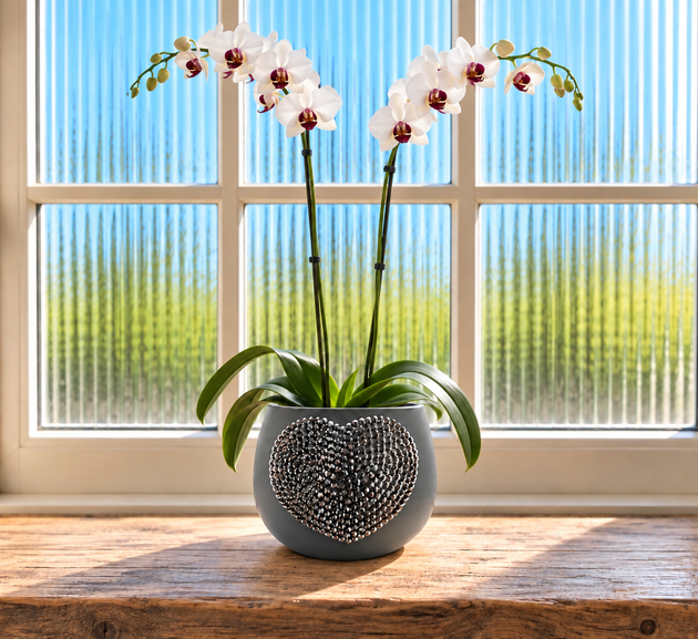 Grey Gatsby grey ceramic planter with silver crystal heart and flowers on a rustic wooden windowsill