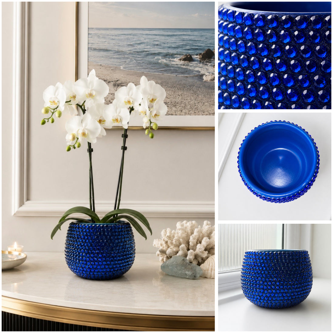 A collage showing a cobalt blue textured plant pot covered with crystal stones with white orchids in a home setting, plus three detail panels: a close-up of the crystal stone texture, the inside of the plant pot, and the plant pot alone on a white marble table.