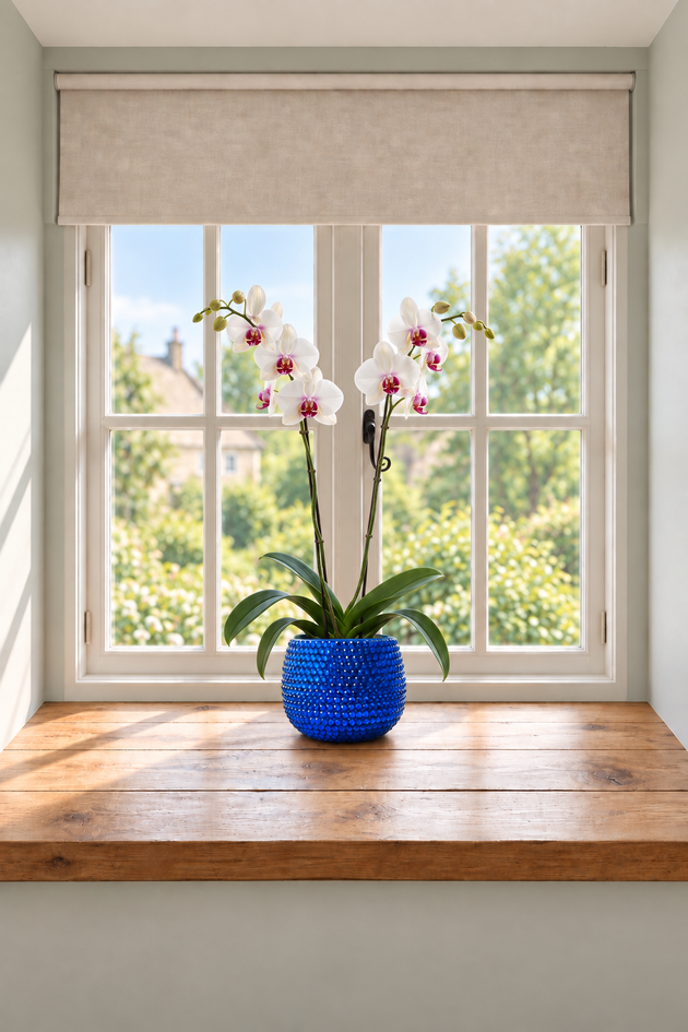 A blue ceramic plant covered in sparkling blue crystals containing a white orchid shown on a windowsill. 