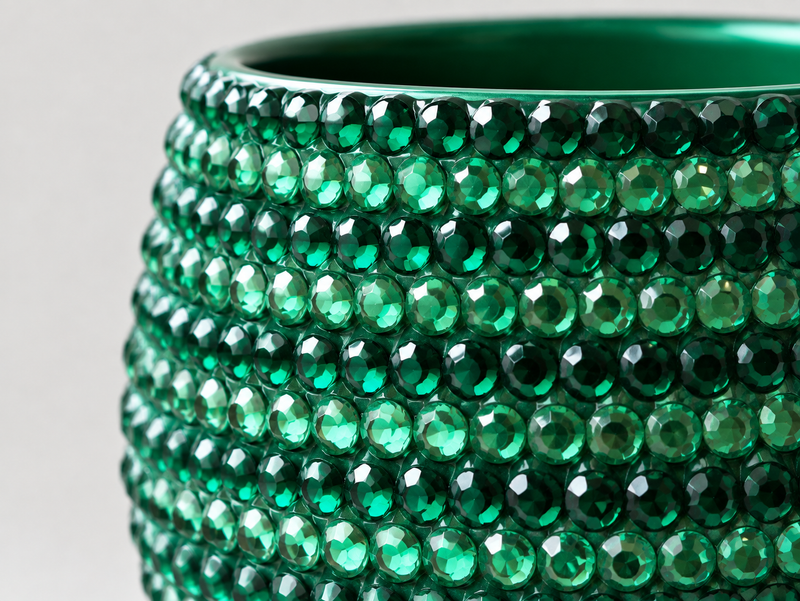 Close-up of a green faceted ceramic plant pot  covered in rows of green crystals, showing the glossy interior and textured exterior against a light gray background.