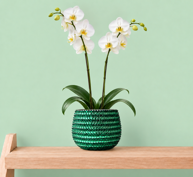 A potted white Phalaenopsis orchid with green leaves and yellow centers, displayed in a textured green ceramic plant on a light wood shelf against a pale mint green background.