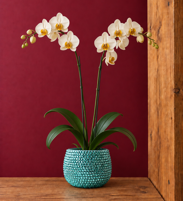 A potted white Phalaenopsis orchid with green leaves and yellow centers, displayed in a jade ceramic plant pot decorated with jade crystals on a wooden surface against a deep red wall.