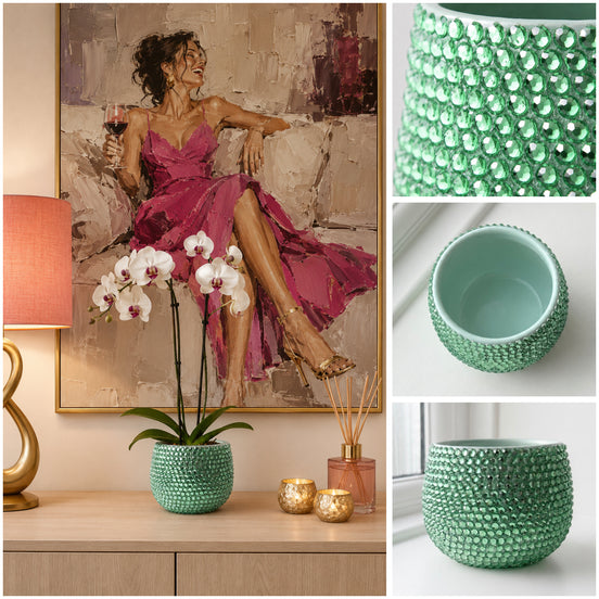 A collage showing a jade mint green textured ceramic pot in a styled interior scene, with a large framed painting of a woman in a pink dress behind it, white orchids on a table, and three inset close-ups of the pot's exterior, interior, and base on a white surface.