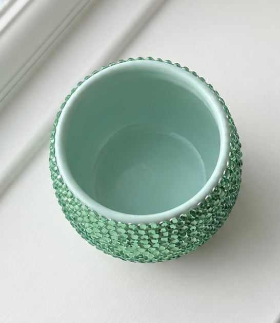 Jade coloured decorative ceramic plant pot viewed from above, showing the planting opening and crystal detailing

