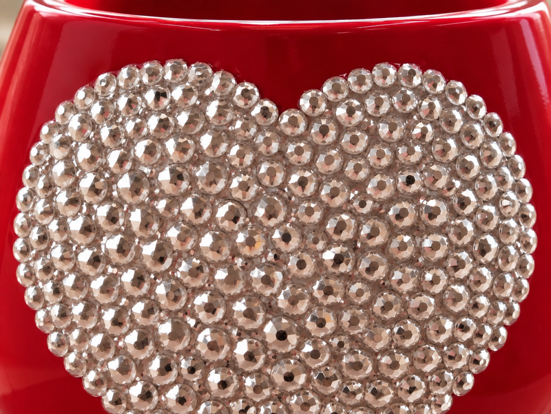 Close-up of Ma Cherry red decorative ceramic planter with clear crystal heart detail
