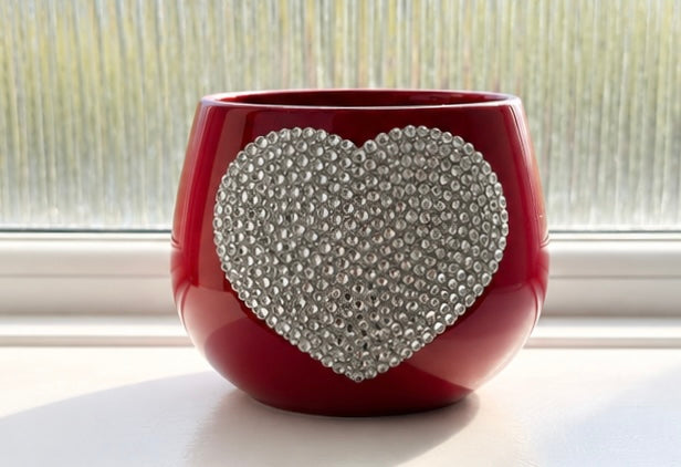 Ma Cherry red indoor plant pot with sparkling clear crystal heart