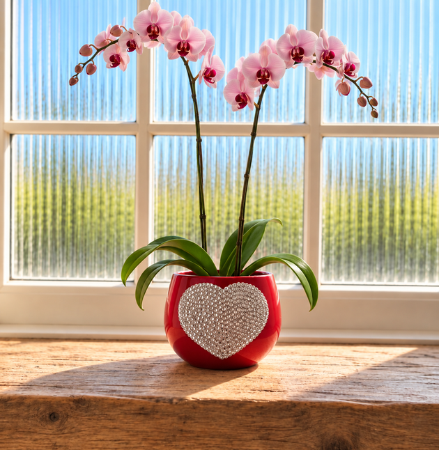 Pink orchid flowers in a red ceramic pot with a white crystal heart on the front, placed on a wooden windowsill with a bright window background.
