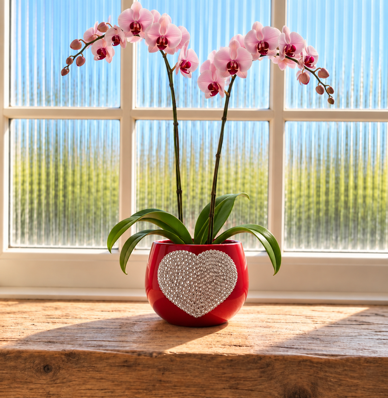 Pink orchid flowers in a red ceramic pot with a white crystal heart on the front, placed on a wooden windowsill with a bright window background.