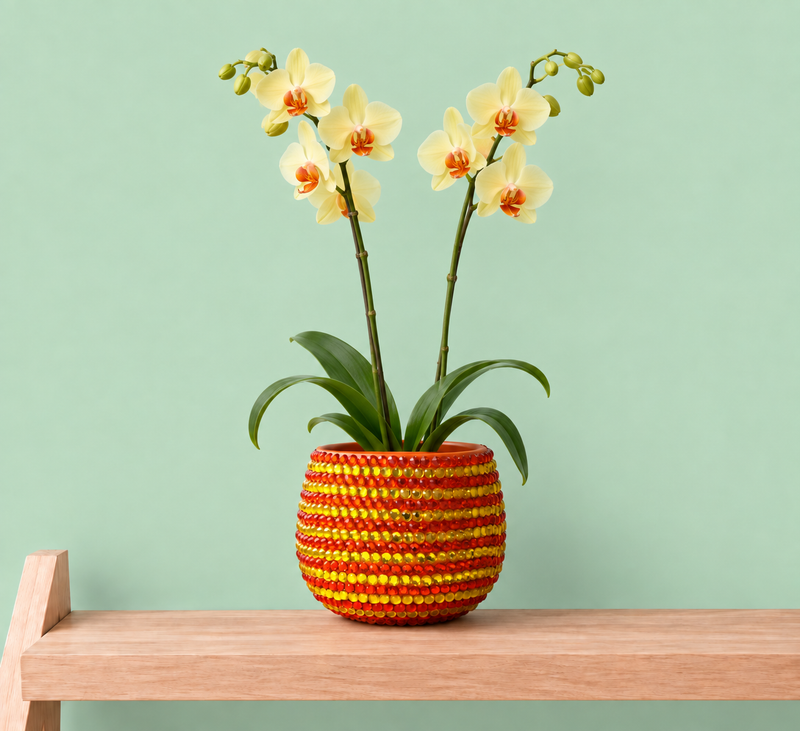 A potted yellow orchid with two flowering stems and green leaves, placed on a light wood shelf against a pale mint green wall. The orchid is in a round ceramic plant pot with orange and yellow crystals arranged in horizontal stripes.