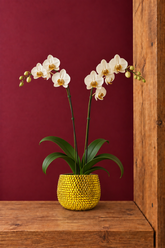 Yellow ceramic plant covered in yellow crystals containing a two stemmed white orchid. Plant pot is shown on wooden shelf behind a burgundy background 