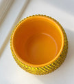 Close up shot showing mouth of yellow ceramic plant pot 