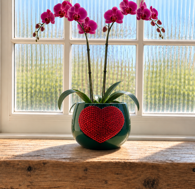 A forest green ceramic planter with a red crystal heart on the front, holding a pink orchid plant, set on a wooden windowsill with a window in the background.