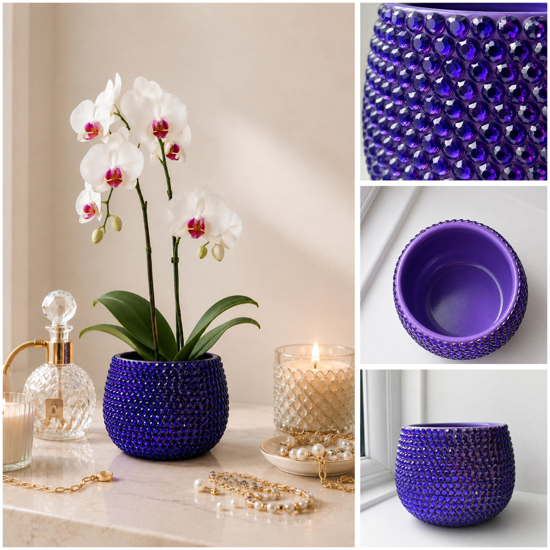 A decorative purple violet planter covered in crystal stones with a white orchid plus three close-up detail panels highlighting the textured crystal stone pattern and interior of the plant pot.