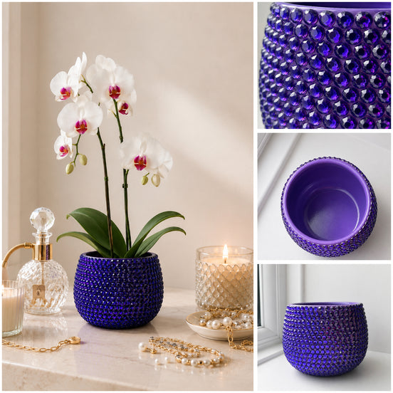 A decorative purple violet planter covered in crystal stones with a white orchid plus three close-up detail panels highlighting the textured crystal stone pattern and interior of the plant pot.