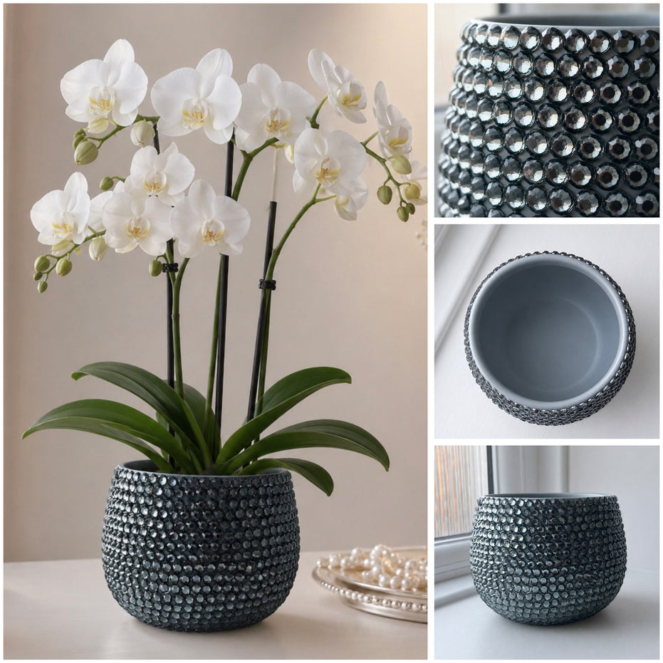 A dark gray textured ceramic plant pot with a beaded, dimpled pattern, shown with a white orchid plant. The image is a collage containing a main lifestyle shot on the left and three detail inset images on the right showing the top, bottom, and interior of the plant pot.
