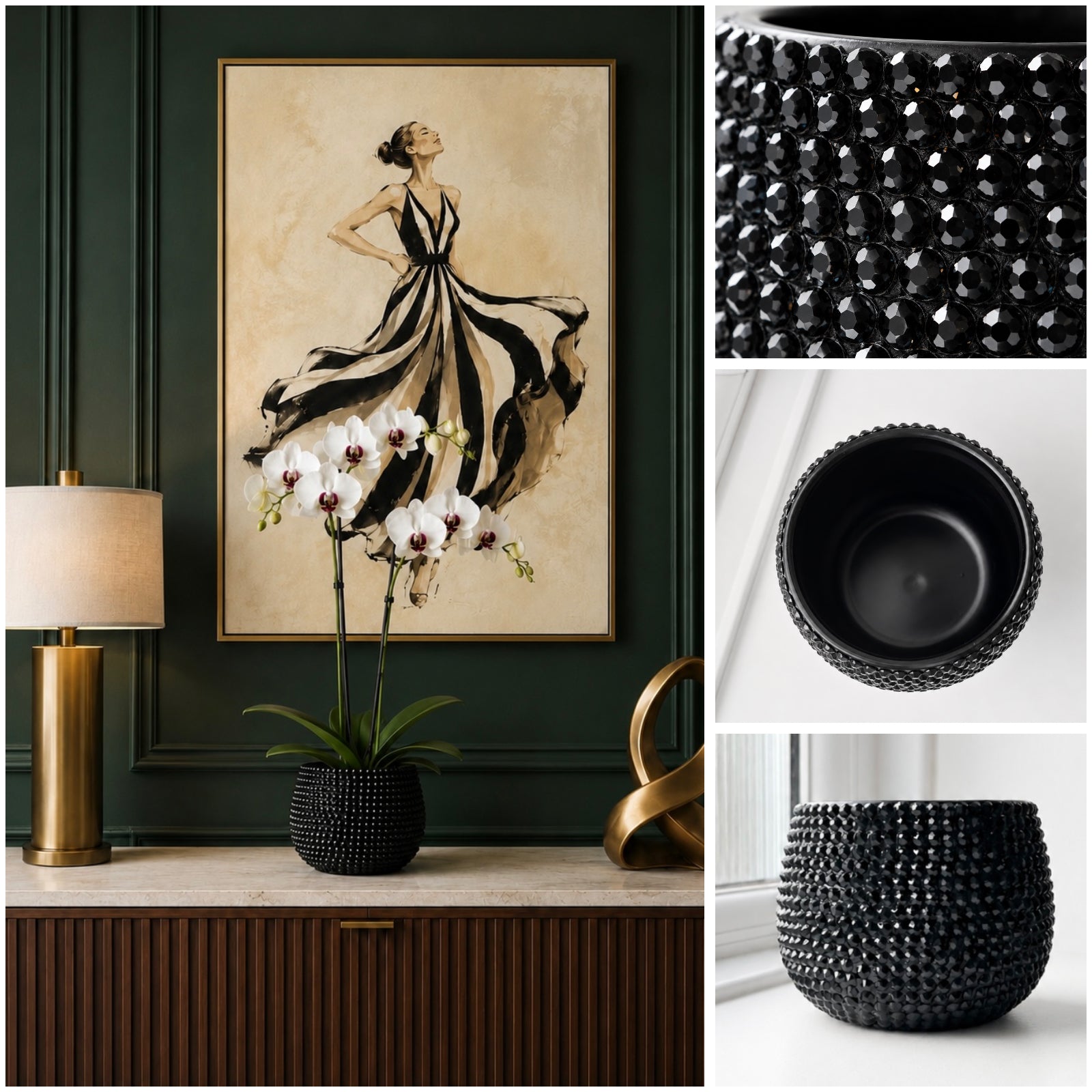 A styled interior scene showing a framed art print of a dancing woman on a dark green paneled wall above a console table with a lamp, orchids, and a black textured ceramic plant pot. The right side includes three close-up detail panels of the same black textured plant pot, showing its crystal surface and interior.
