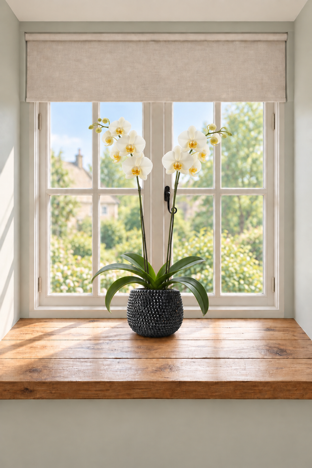 A potted white orchid plant with yellow centers in a black ceramic plant pot decorated sparkling black crystals. The plant pot sits on a wooden windowsill in front of a white-framed window with a beige roller blind. Sunlight streams in from the left, casting soft shadows on the wall and sill, with green trees visible outside.