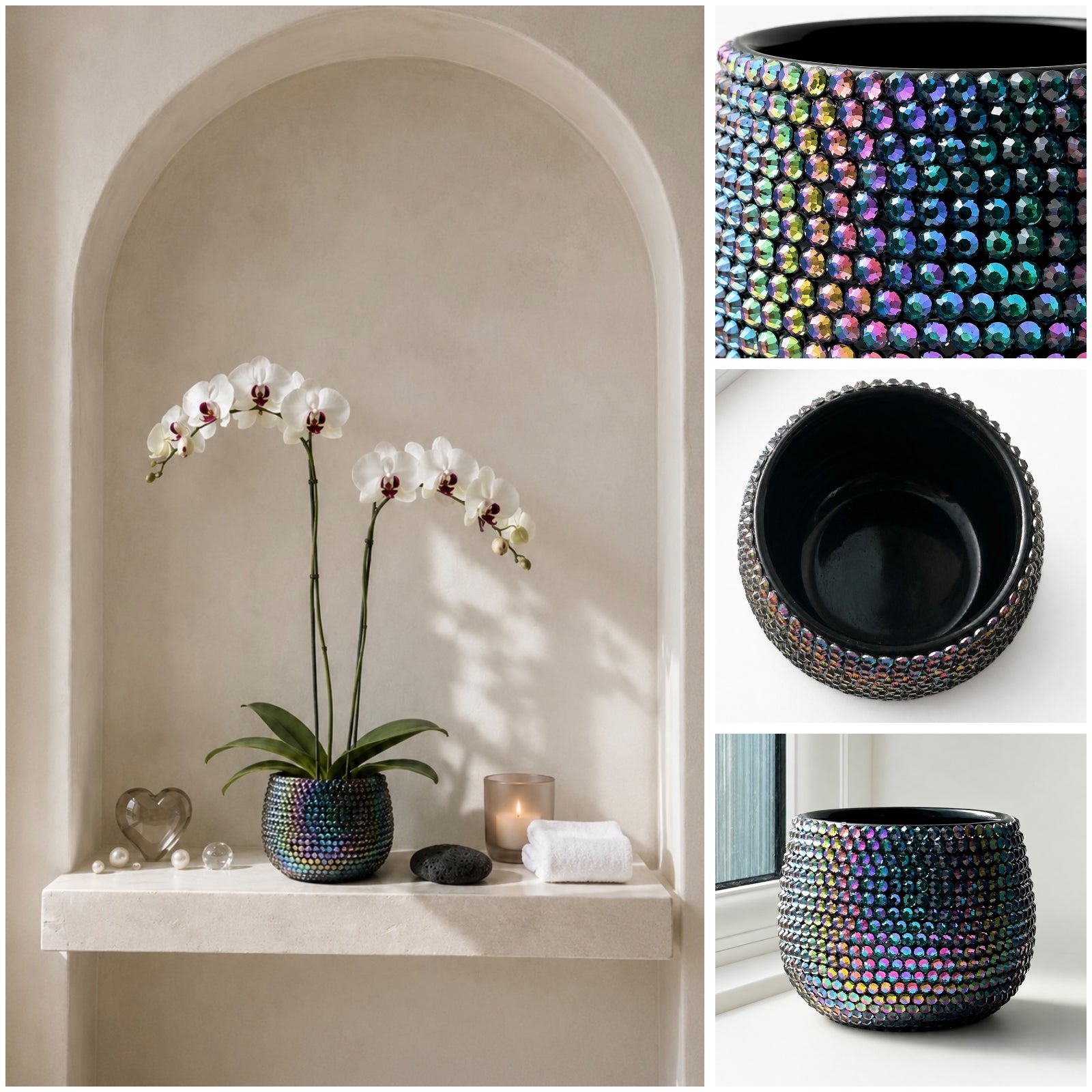 A decorative cylindrical planter covered in iridescent crystal stones, shown in a styled interior scene with white orchids on a shelf, plus close-up inset views of the planter's front, interior, and bottom.