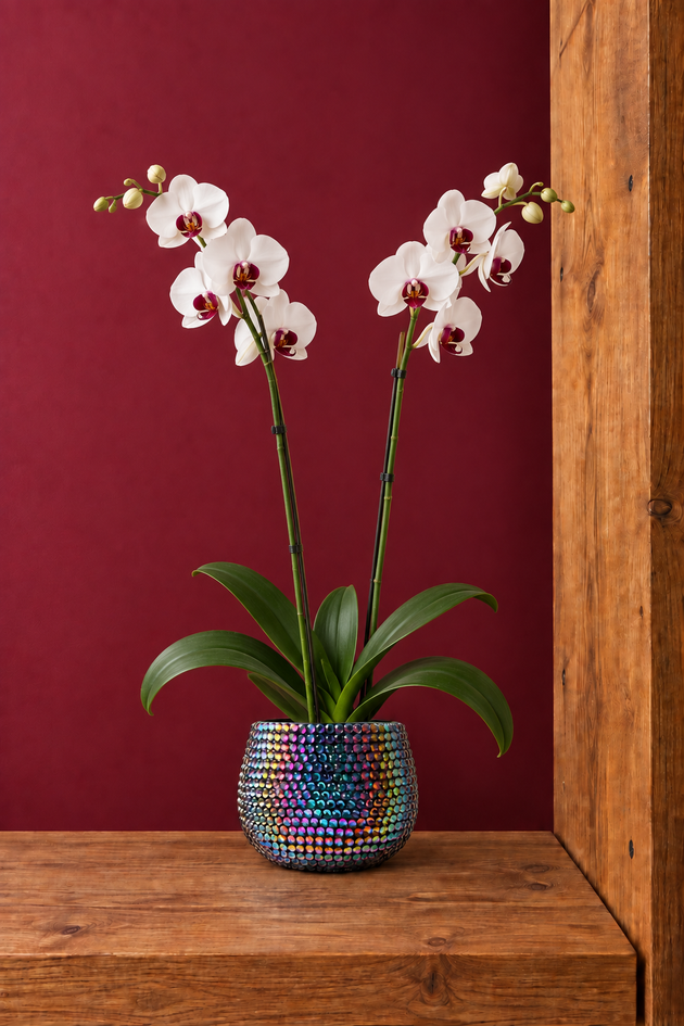 A potted white Phalaenopsis orchid with two flowering stems and green leaves, displayed in a textured, black iridescent ceramic plant pot on a wooden shelf against a dark red wall.