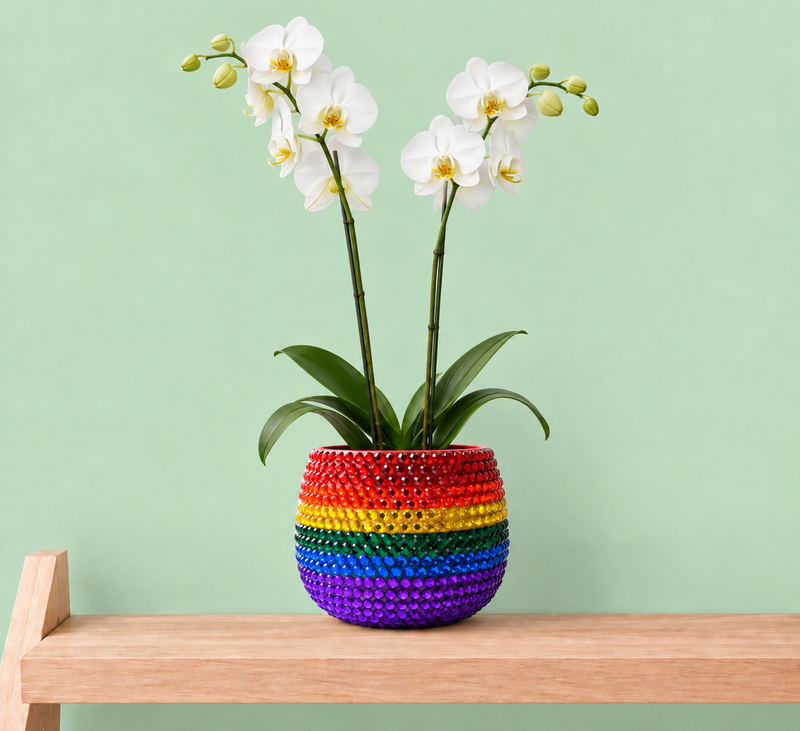 A vibrant, round planter with horizontal rainbow stripes in red, orange, yellow, green, blue, and purple, holding a white orchid with green leaves and stems, displayed on a light wood shelf against a solid mint green background.