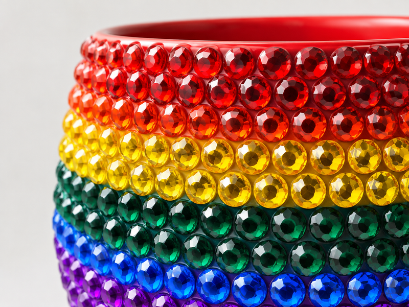 A close-up of a ceramic plant pot covered in faceted rainbow-colored crystals, showing horizontal bands of red, yellow, green, blue, and purple on a light gray background.