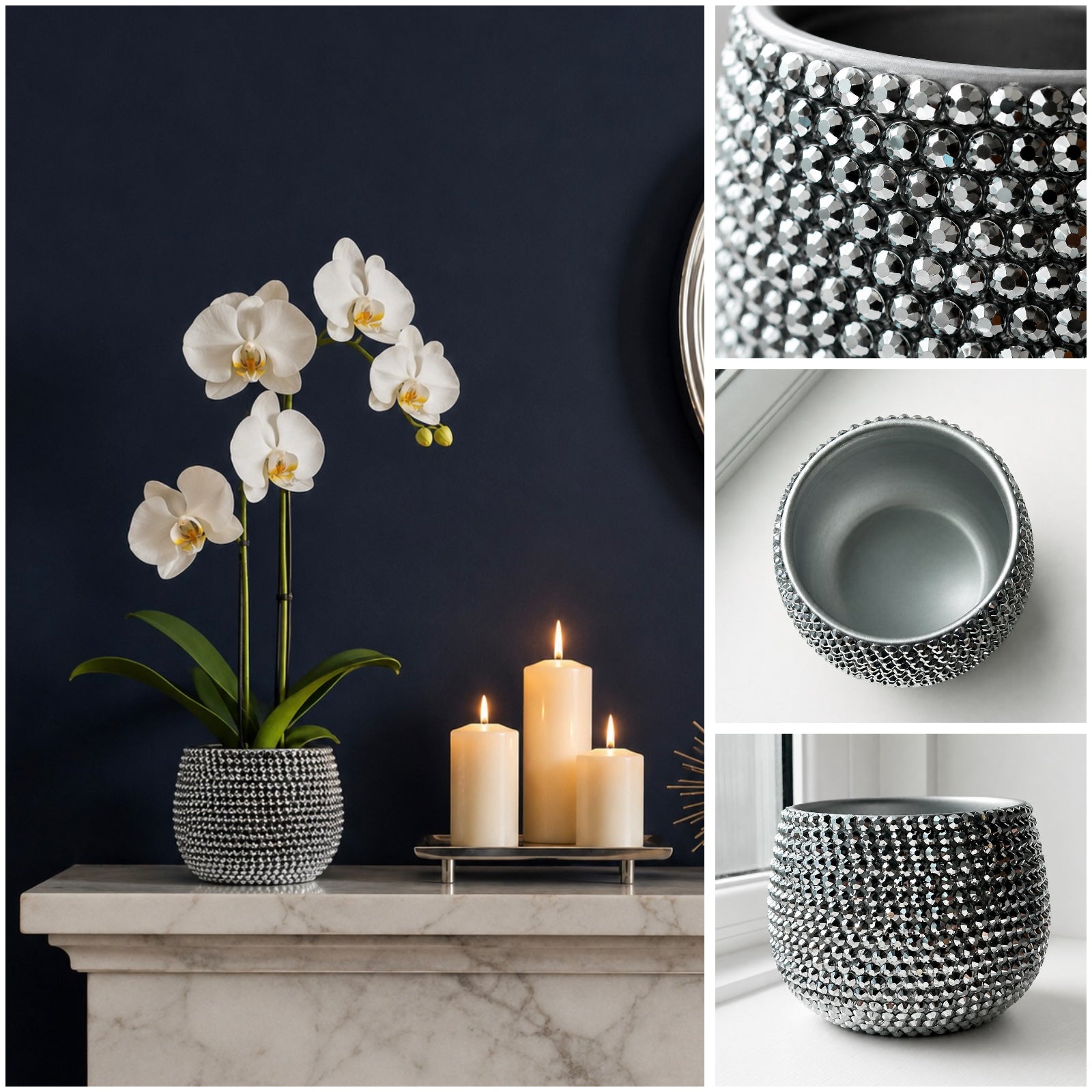 A decorative silver beaded plant pot shown in a styled interior scene with white orchids, lit candles, and a marble mantel, plus three close-up detail panels on the right showing the bead texture, interior opening, and exterior from another angle.