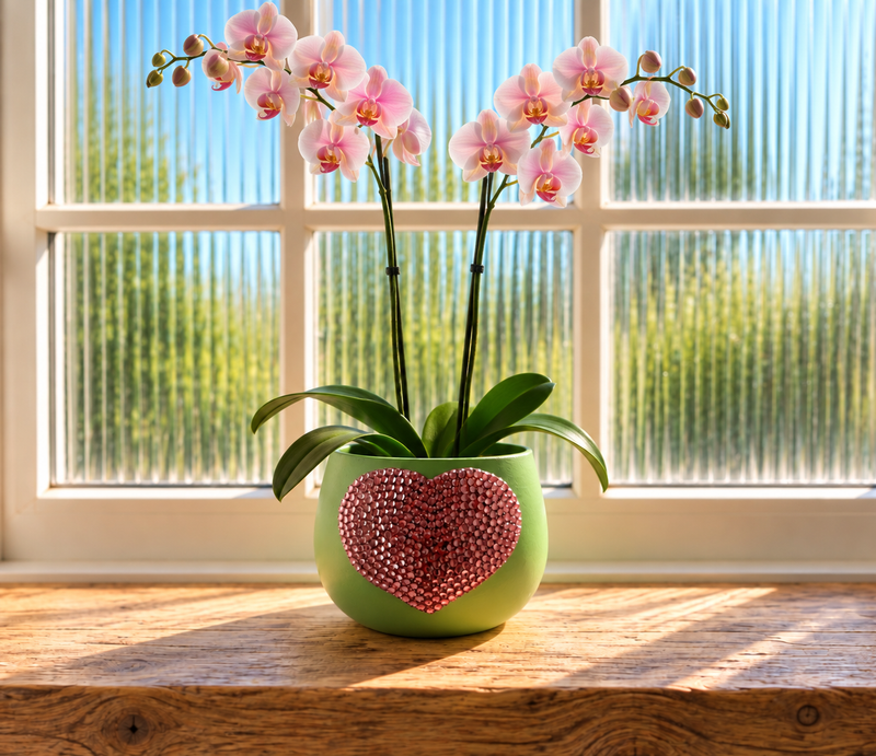 A light sage green ceramic plant pot with a sparkling pink crystal heart on the front, holding two tall stems of pink orchids, set on a wooden windowsill with a bright window and greenery in the background.