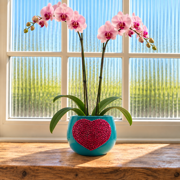 A teal planter with a pink crystal heart on the front, holding pink orchids with green leaves, placed on a wooden windowsill with a corrugated window background.