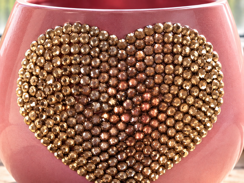 Close-up of Tickled Pink blush pink decorative ceramic planter with light gold crystal heart detail