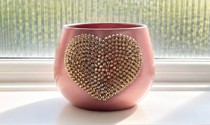 Tickled Pink blush pink indoor plant pot with sparkling light gold crystal heart