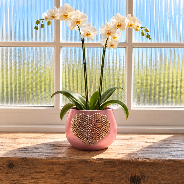 A pink ceramic planter with a champagne gold crystal heart on the front, holding a white orchid plant with green leaves and blooms, placed on a wooden windowsill with a bright window background.