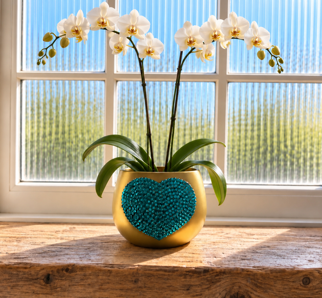 A potted white orchid with green leaves and yellow-orange centers sits on a wooden windowsill in front of a bright window. The pot is gold with a prominent turquoise heart design on the front.