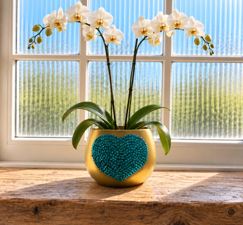 A potted white orchid with green leaves and yellow-orange centers sits on a wooden windowsill in front of a bright window. The pot is gold with a prominent turquoise heart design on the front.